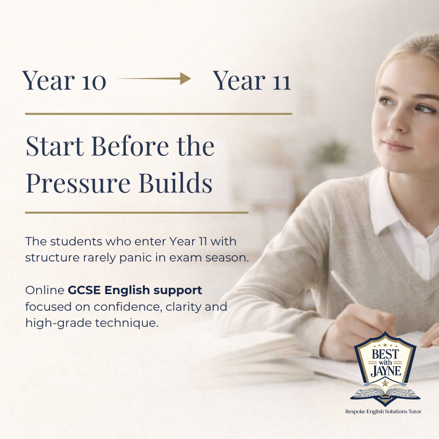 Image of a blonde female, GCSE Student.  Text overlay is encouraging parents to get GCSE English support for their child